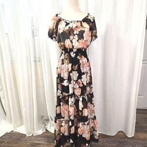 Kate & Lily Black Contrasting Peach Floral Maxi Long Tiered Dress‎ Size 8P